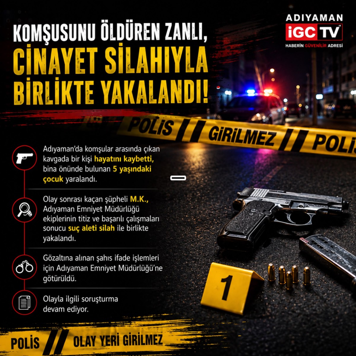 Komşusunu Öldüren Zanlı, Cinayet Silahıyla Birlikte Yakalandı